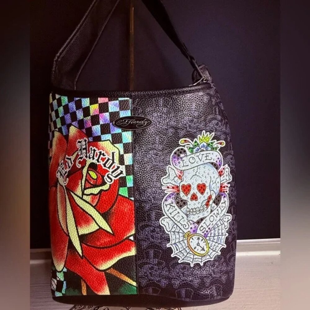 Ed Hardy Black Shoulder Bag Rose Skull Holographic Checkerboard NWT